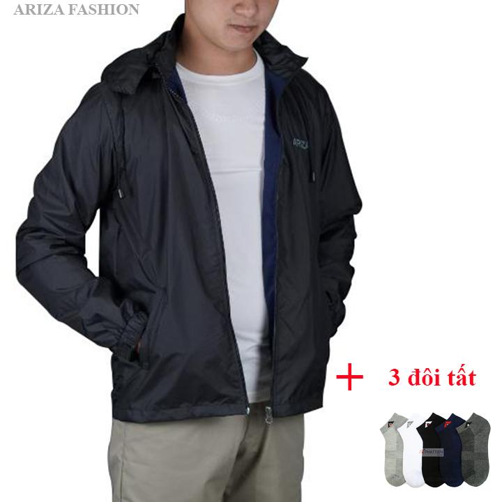 Áo Khoác Gió Ariza 2 Lớp Vải Gió Cao Cấp Mũ Tháo Rời Tặng Kèm 2 Đôi Tất Nam