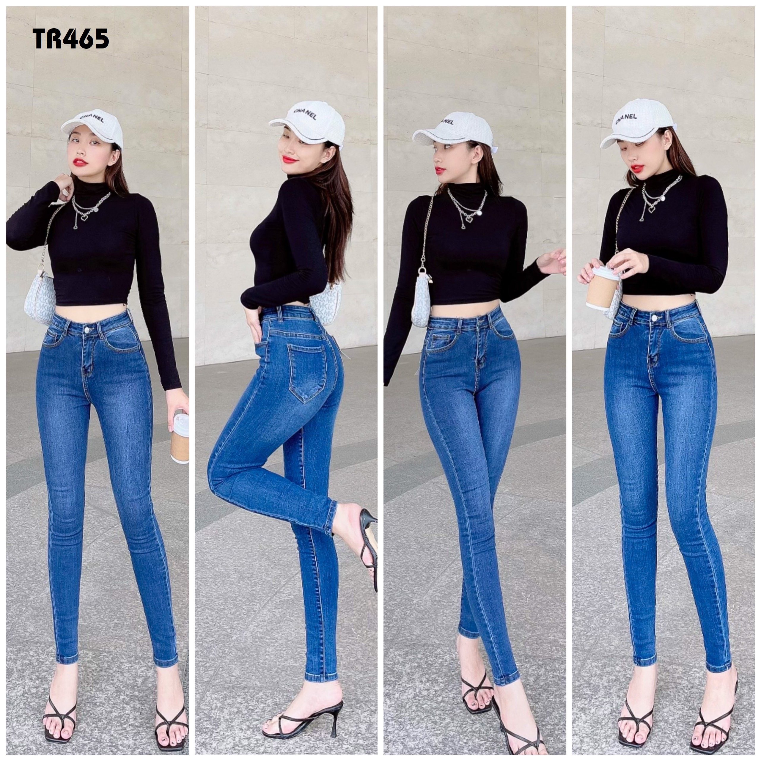 Quần jeans nữ lưng cao vải jeans co giãn