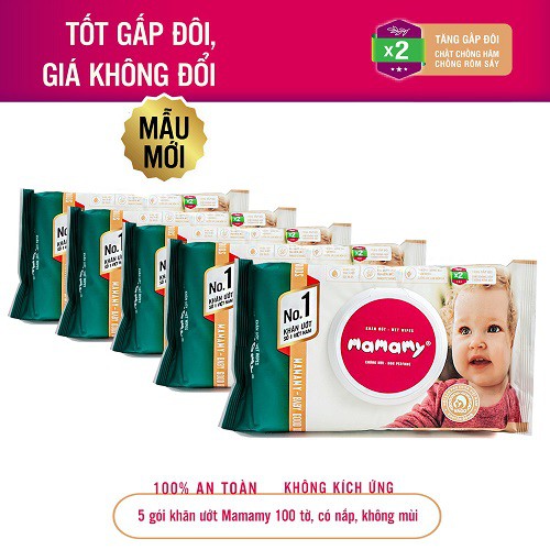 Set 5 gói khăn ứớt mamamy không mùi 100 tờ