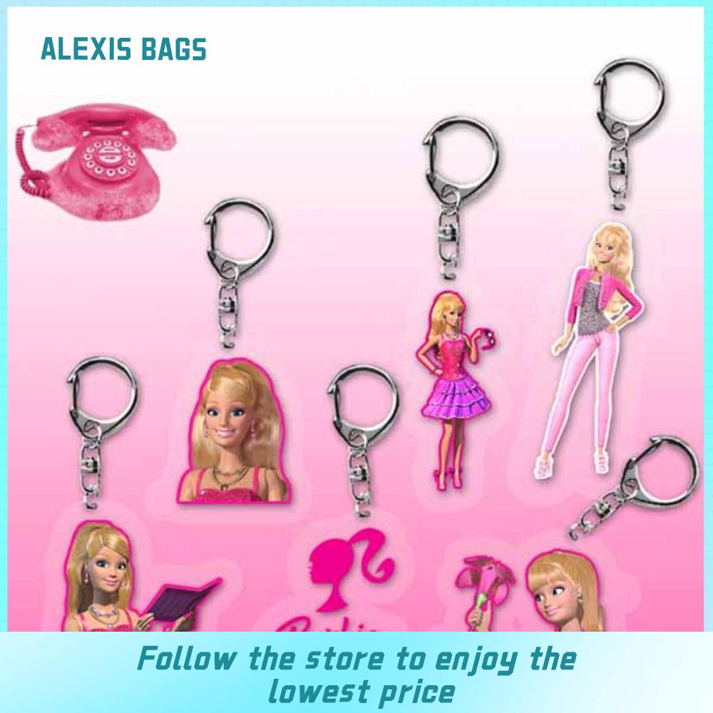 Alexis Túi 4pcs Acrylic Barbie Keychain Barbie màu hồng Mặt treo hoạt hình