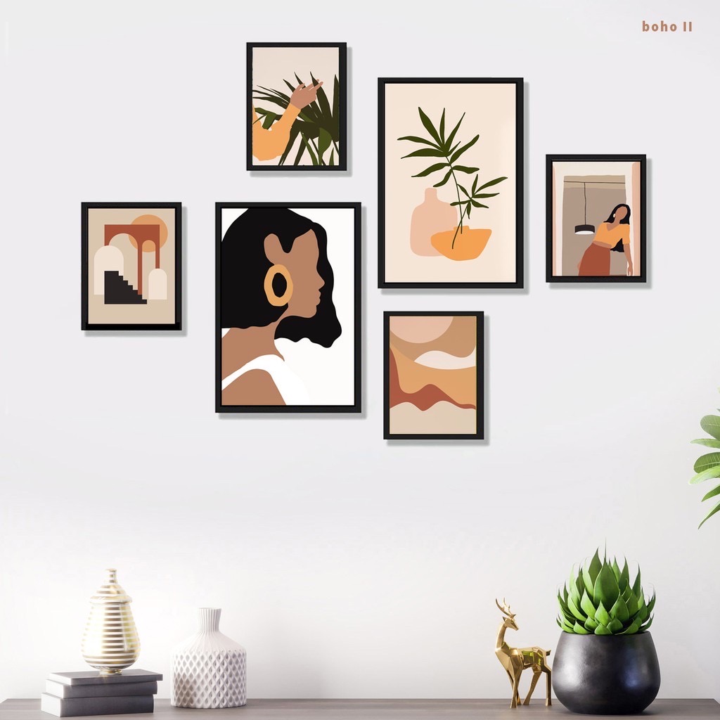 Bộ tranh treo tường 6 bức Bohomian trang trí nhà cửa, phòng khách, phòng ngủ - Tặng kèm set đinh 3 chân treo tường miễn phí