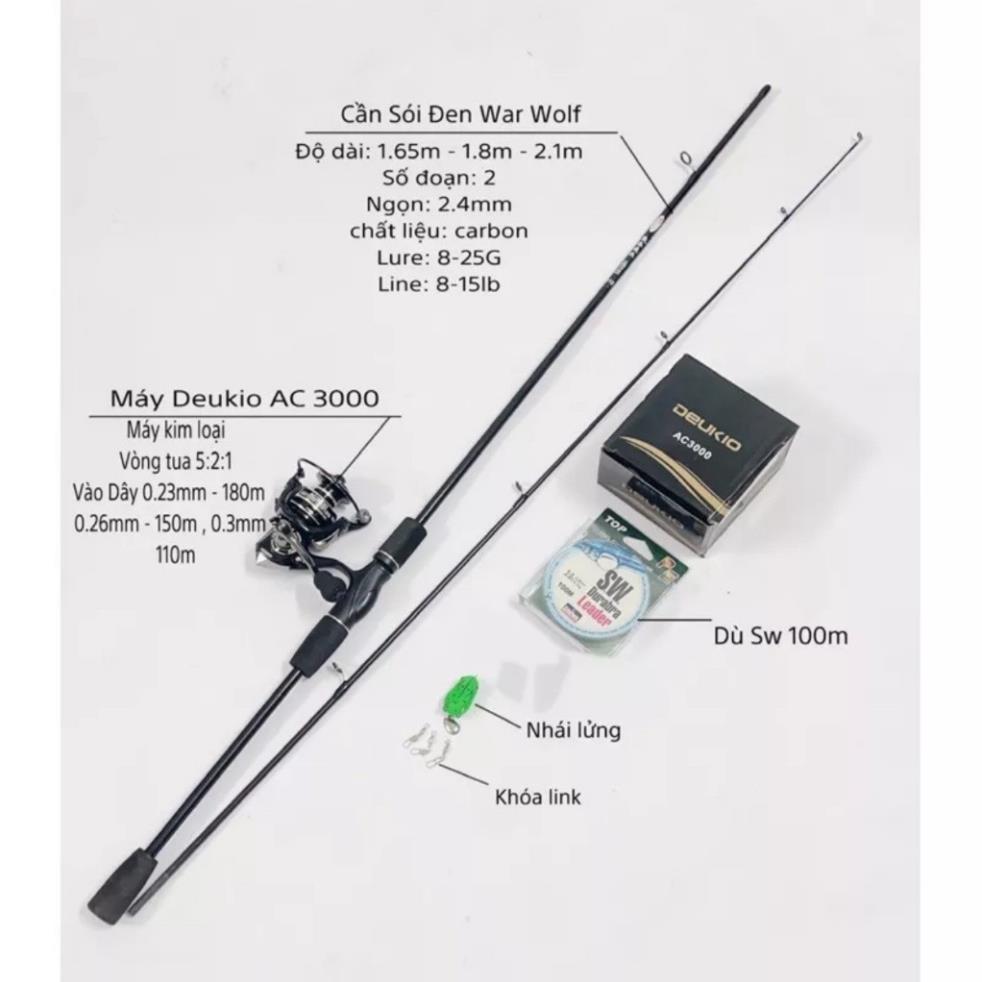 Combo cần câu lure máy đứng Deukio AC 3000 và phụ kiện giá rẻ - Bộ cần lure Sói Đen kèm máy giá rẻ