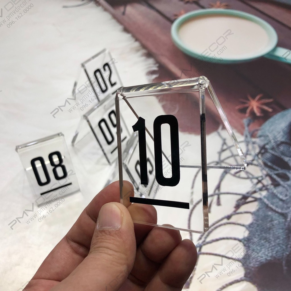 SỐ BÀN MICA, Mica Đài Loan trong 3mm, nội dung dán decal đen, size 5*7cm, dành cho quán cafe, quán ăn. PMV SB002