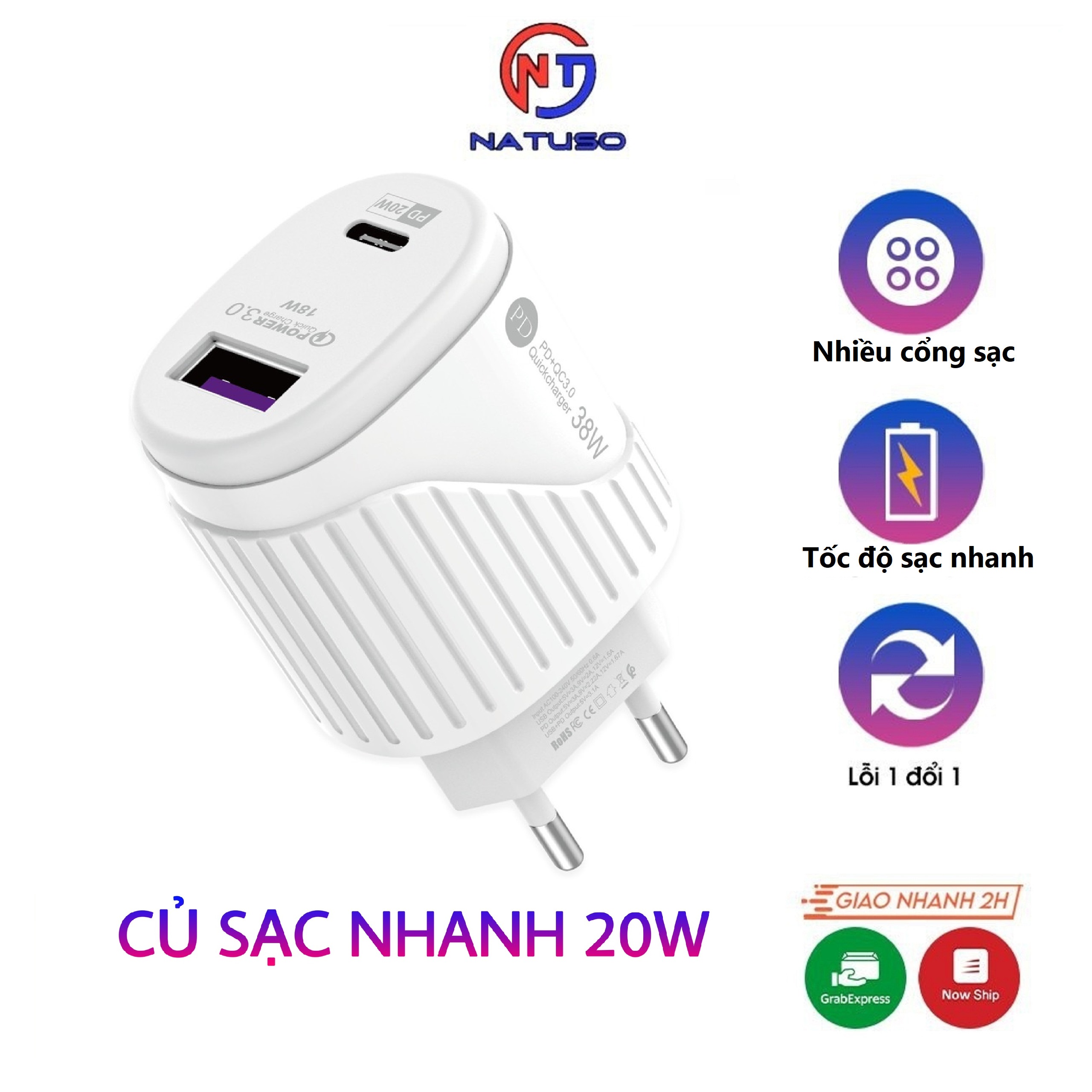 Củ sạc nhanh pd 20w ldo-bs1 2 cổng qc3.0 type-c và usb