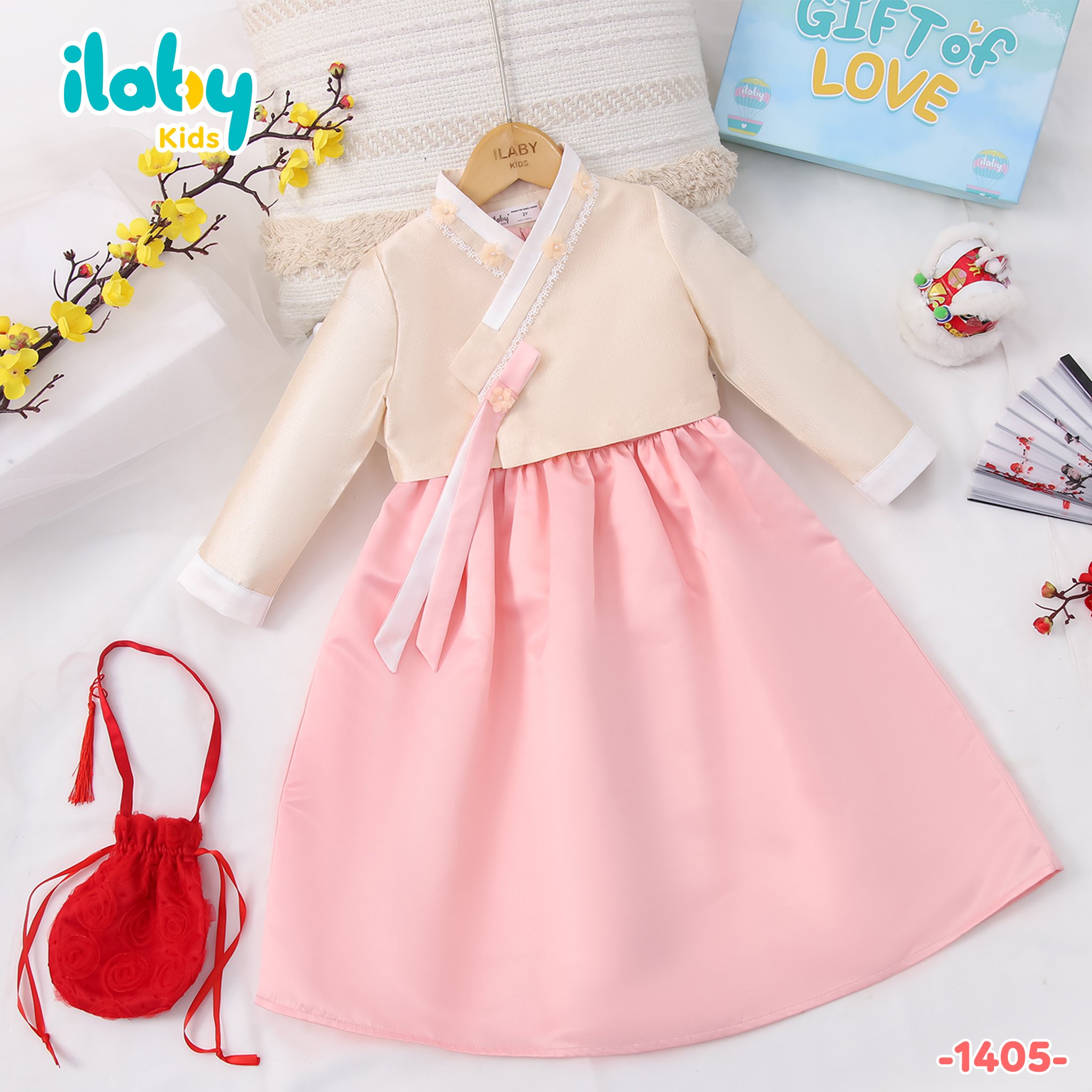 Set hanbok bé gái ILABY đính hoa nhí chất liệu tafta cao cấp