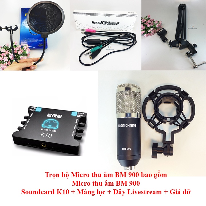 Bộ micro thu âm cao cấp BM900 + sound card K10 + dây livestream + Kẹp đỡ để bàn và màng lọc