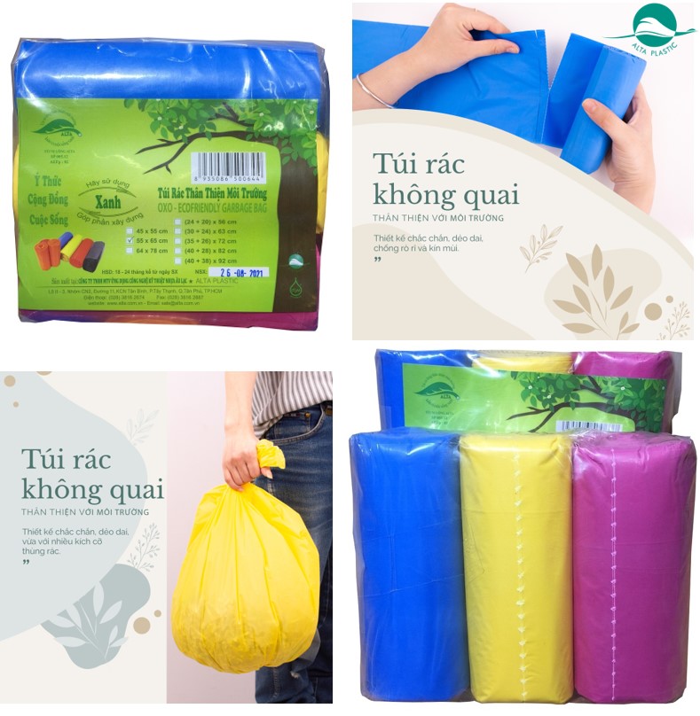 Combo 2 kg túi đựng rác tự phân hủy sinh học ALTA Plastic, thân thiện môi trường, túi rác có 3 màu xanh vàng tím, dày dai khó rách, không mùi 1 kg 3 cuộn.