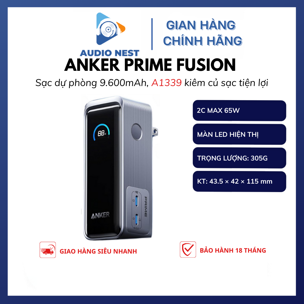 Pin Dự Phòng Kiêm Củ Sạc Anker Prime Fusion 9600mAh 65w GaNPrime A1339 - Bảo Hành 18 Tháng.