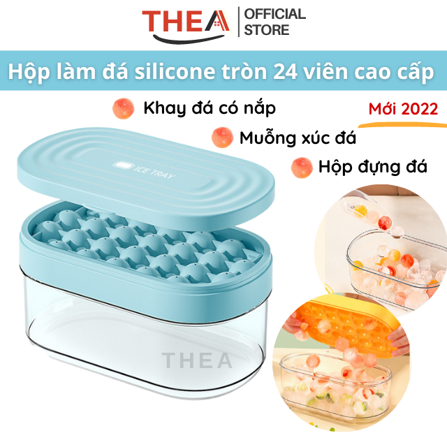 Khay làm đá silicone tròn có nắp đậy, khay làm đá 24 viên thông minh tủ lạnh có hộp đựng, muỗng xúc đá tiện dụng – THEA