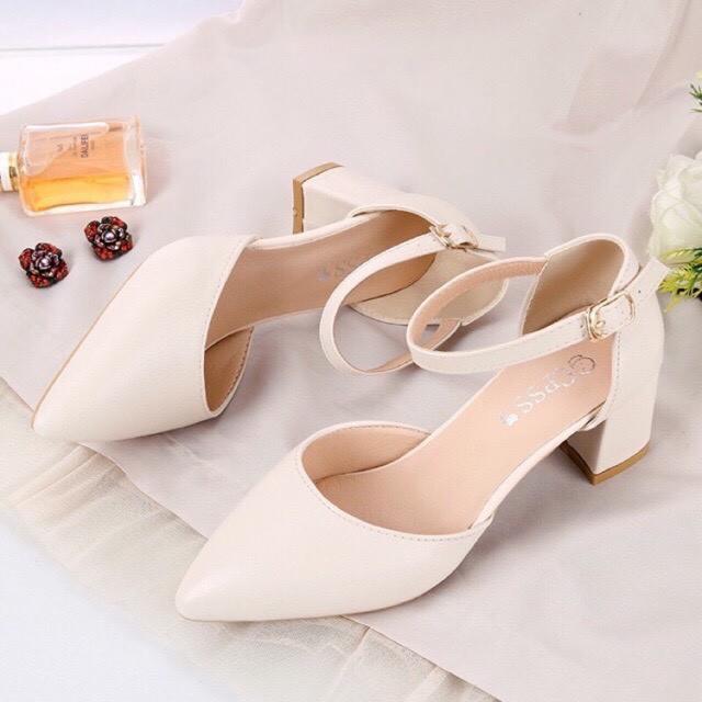 ✔♕ Giày Mũi Nhọn Mã C4 Phối Dây Hở Gót Cao 5cm (BÍT HẬU)
