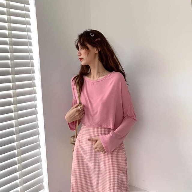 Áo croptop dài tay cổ tròn, đủ 5 màu , chất cotton