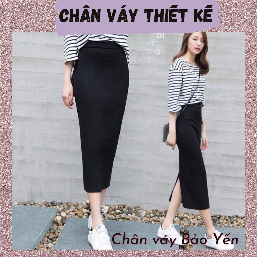 Chân váy bút chì dài tới bắp màu đen xẻ sau