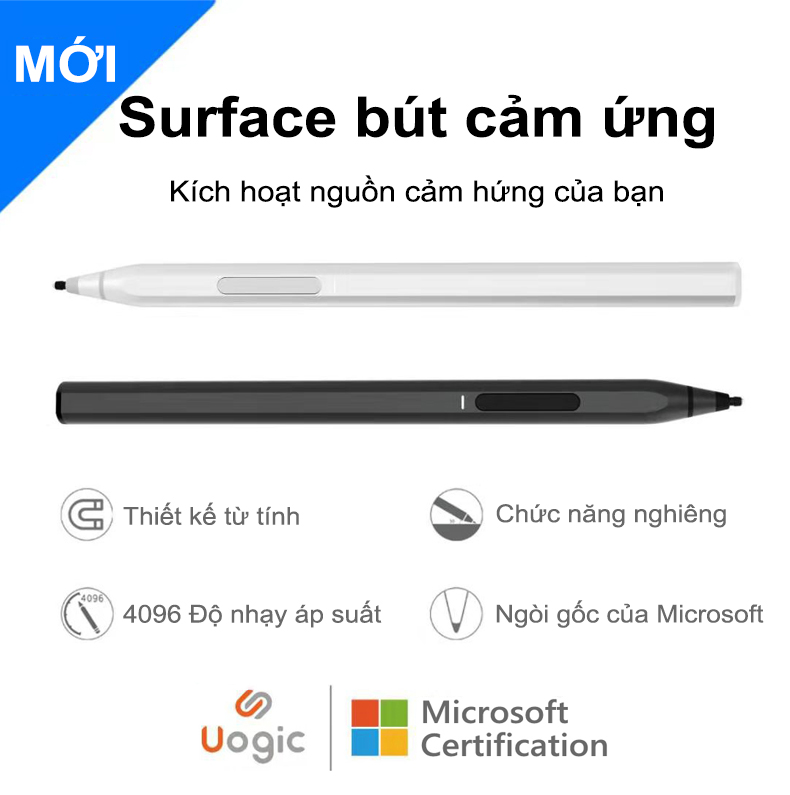 【C581】 Bút Stylus Uogic dành cho Microsoft Surface, Mỏng & Nhẹ, Độ nhạy áp lực 4096, Độ nghiêng & Từ chối lòng bàn tay, Sạc nhanh, Đầu HB Flex & Soft, Tương thích với Surface Pro / Go / Book / Studio / Laptop