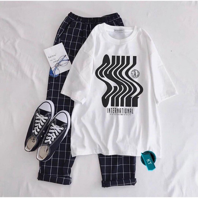 [HAN HAN SHOP 269] Sét Bộ Đồ Nữ Xinh Cute, Áo Thun Phông Trắng Cotton Organic Ngắn Tay Cổ Tròn Làn Sóng+Quần Kẻ