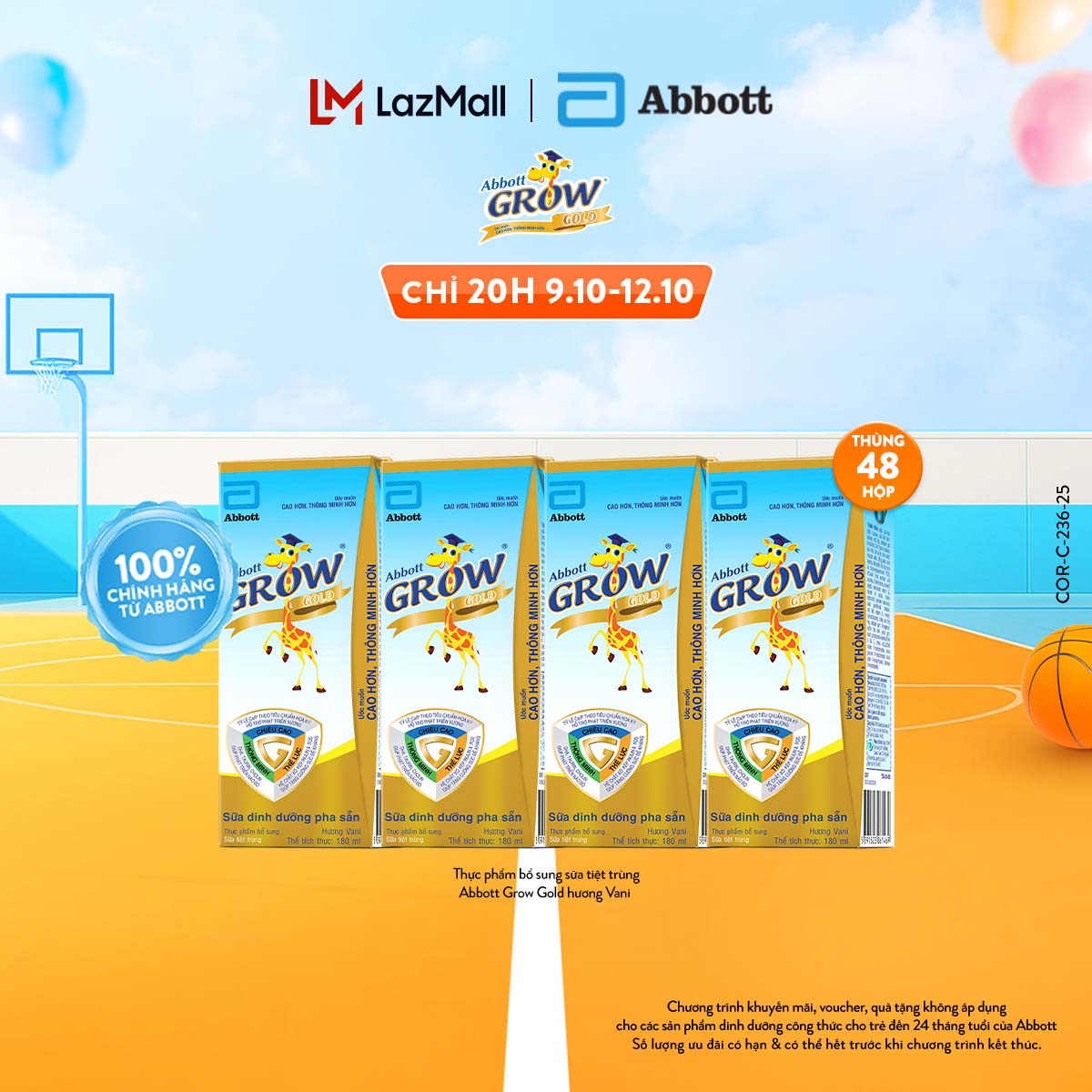 (CHỈ TỪ 20H 9-12.10 GIÁ TỐT MUA NGAY-SLCH) Thùng 48 hộp thực phẩm bổ sung sữa tiệt trùng Abbott Grow Gold hương Vani 180ml