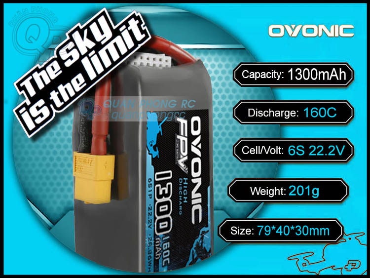 Ovonic FPV Xanh Dương 1300mAh 6S 160C 22.2V LiPo Battery XT60 Plug