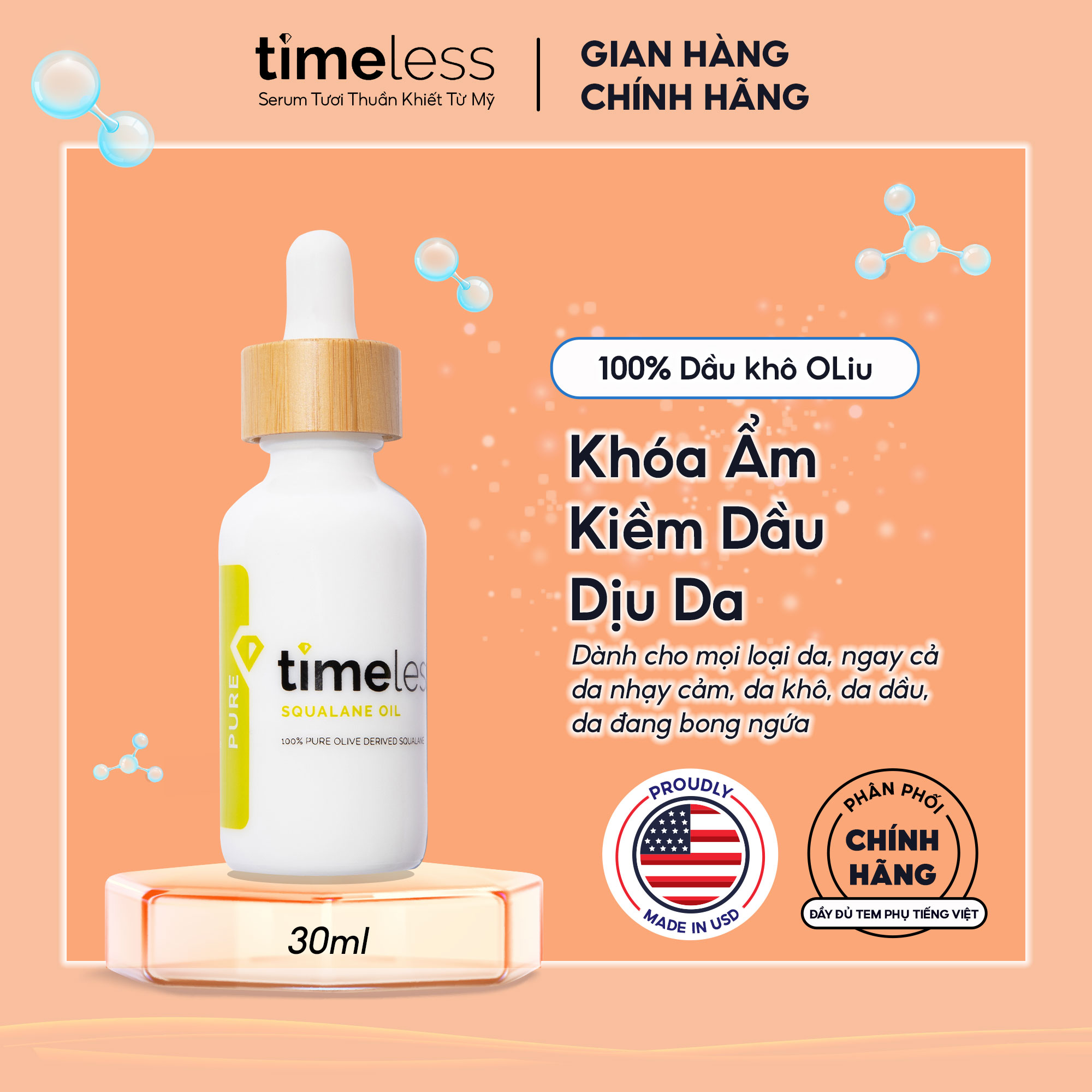 Timeless Squalane Oil 100% Pure Dầu Dưỡng Timeless Squalane Tinh Khiết Dưỡng Ẩm Da, Tóc, Body 30ml