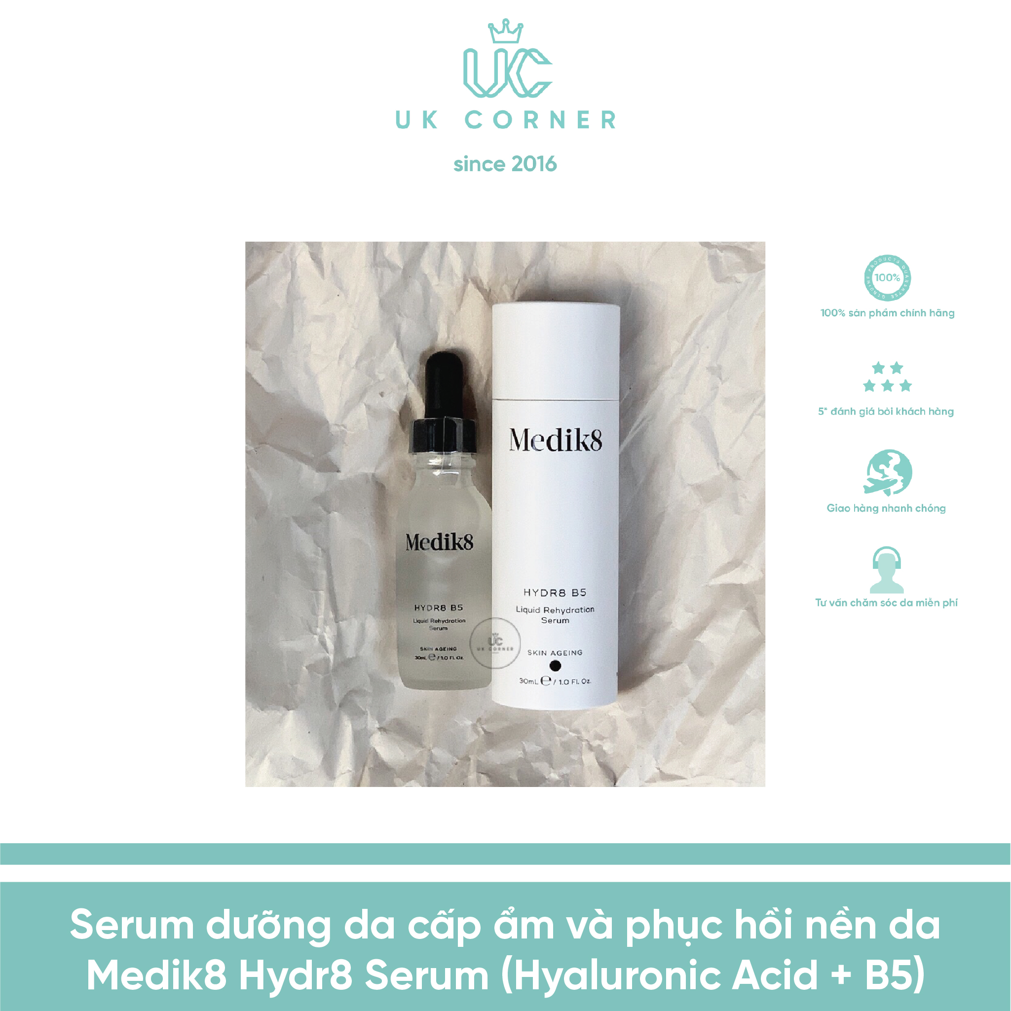 Tinh chất / Serum dưỡng da cấp ẩm và phục hồi nền da Medik8 Hydr8 Serum (Hyaluronic Acid + B5)