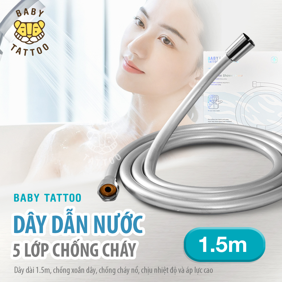 Đường dây ống nước, dây dẫn nước vòi sen tắm baby tattoo, thiết kế 5 lớp chống cháy, chống xoắn dây, chiều dài 1.5m