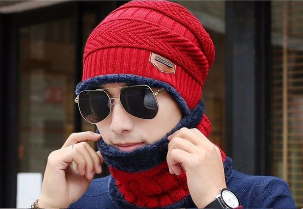 Bộ mũ len kèm khăn choàng cổ lót lông giữ ấm cho nam, nữ, bé trai, bé gái
