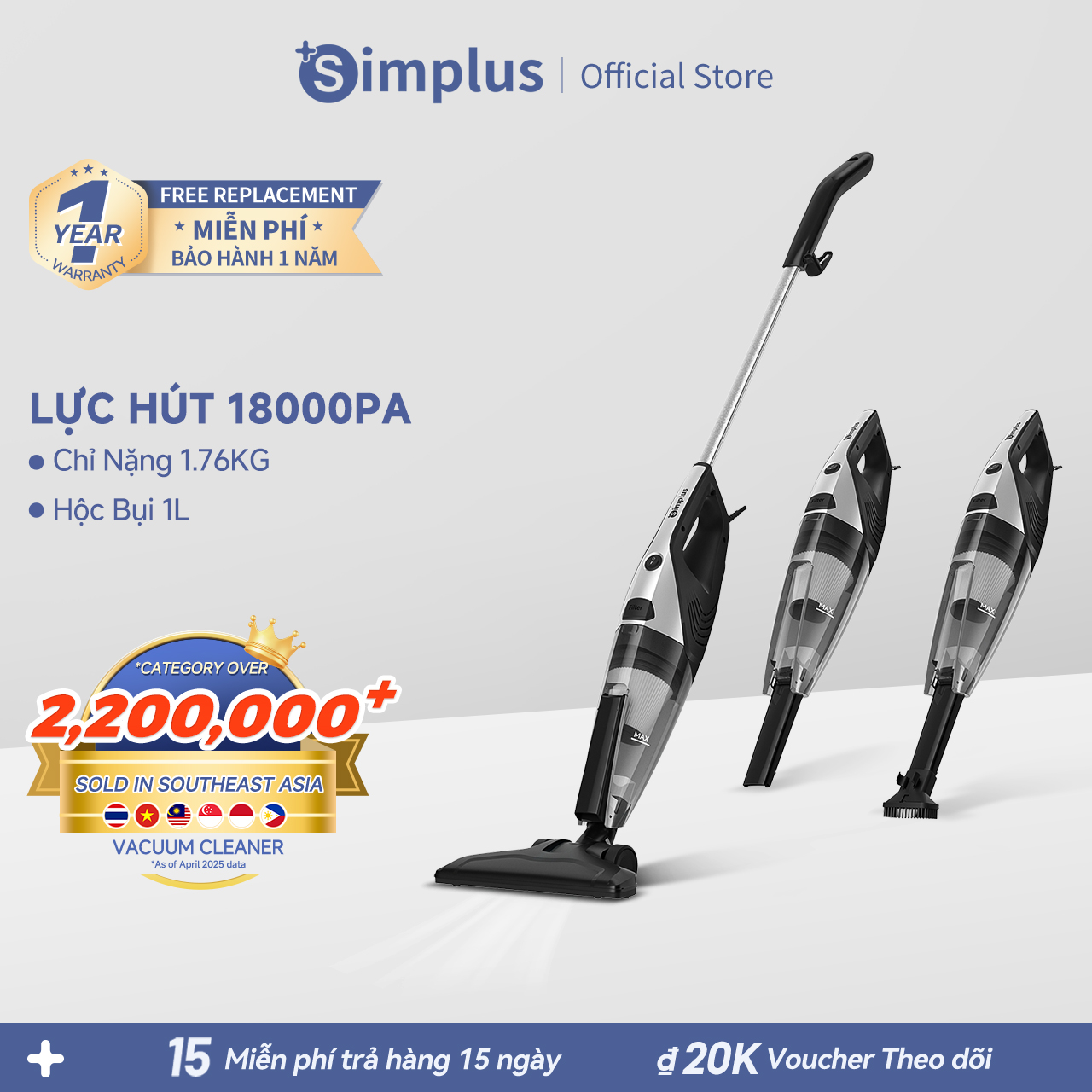   New Arrival  Simplus Máy hút bụi  Máy hút bụi gia đình lực hút mạnh Đa chức năng 3 đầu hút thay thế Lực hút mạnh 18000pa XCQH014 - Bảo hành 1 năm 1 đổi 1 