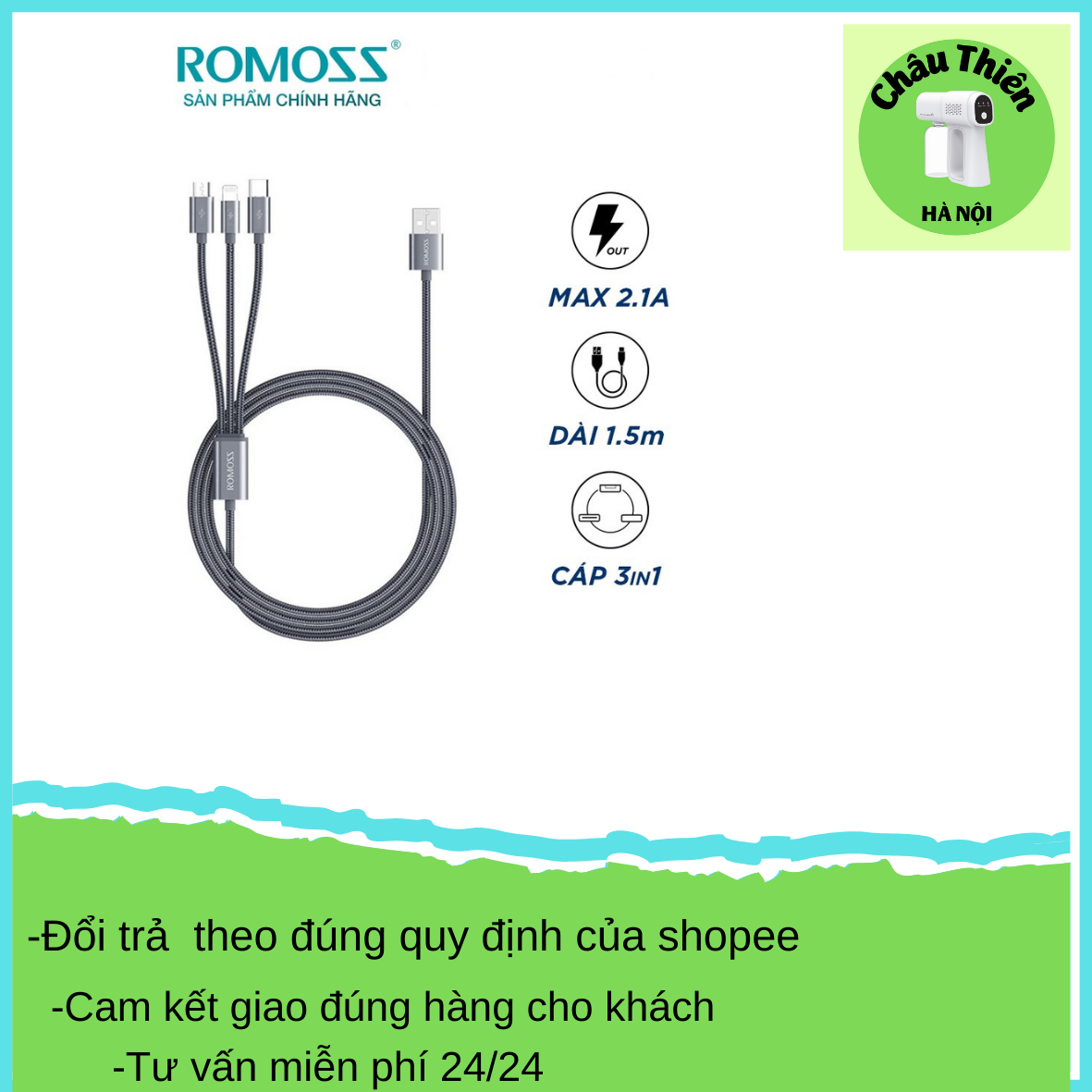 Cáp sạc nhanh romoss cb25a, cáp sạc điện thoại đa năng 3in1 lighting / type c / micro usb dây dài 150cm