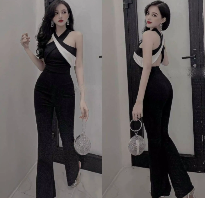 Jum quần dài ống rộng cổ yếm chéo phối màu