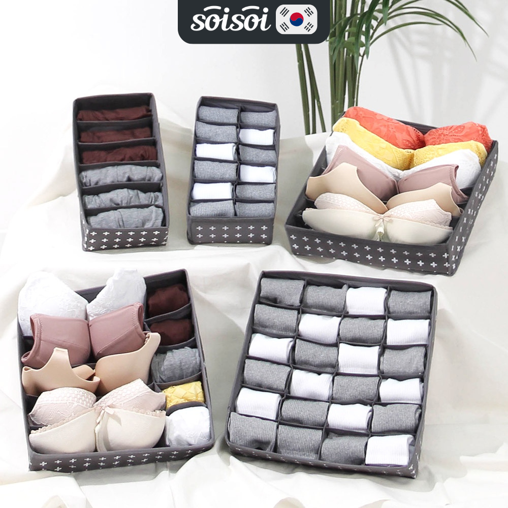 Hộp đựng đồ lót gấp gọn SOI SOI, Khay xếp chia ngăn đựng đồ lót, tất vớ gọn gàng , Hộp vải có ngăn sắp xếp tủ quần áo