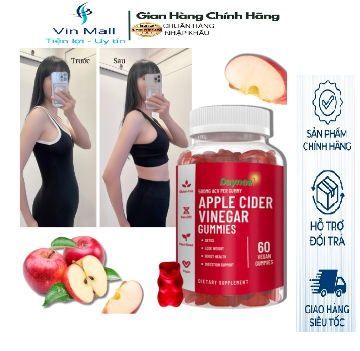 Kẹo giảm cân giấm táo daynee apple cider vinegar gummies 60 viên - thải độc cơ thể, giảm cân nhanh, đẹp da