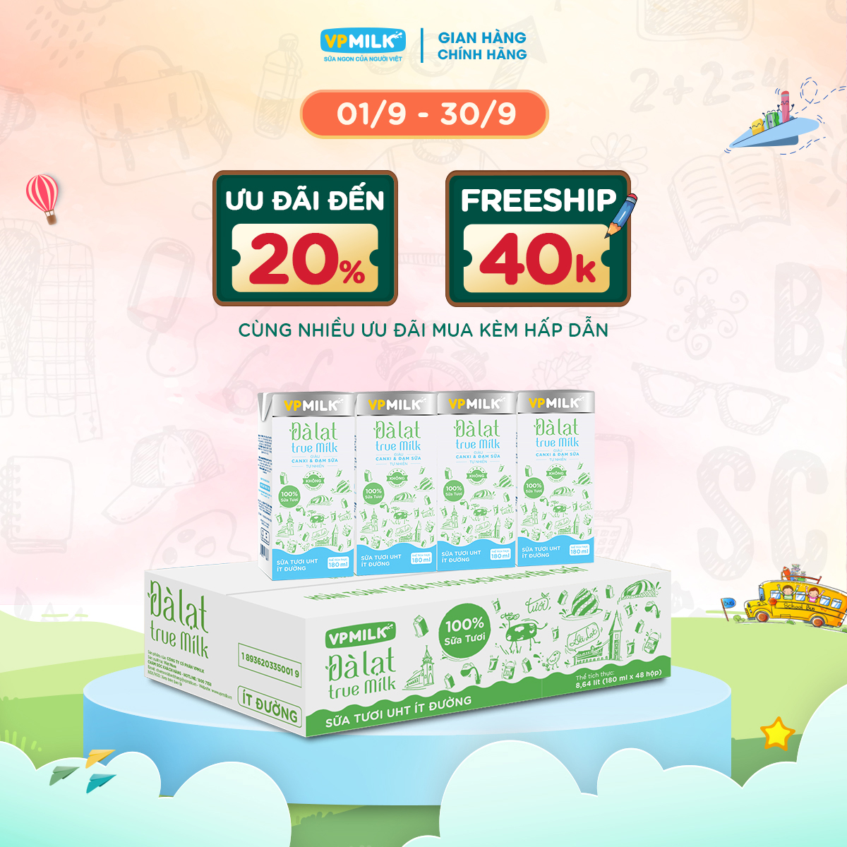 [Thùng 48 hộp 180ml] Sữa Tươi Nguyên Chất UHT Đà Lạt True Milk Ít Đường VPMilk