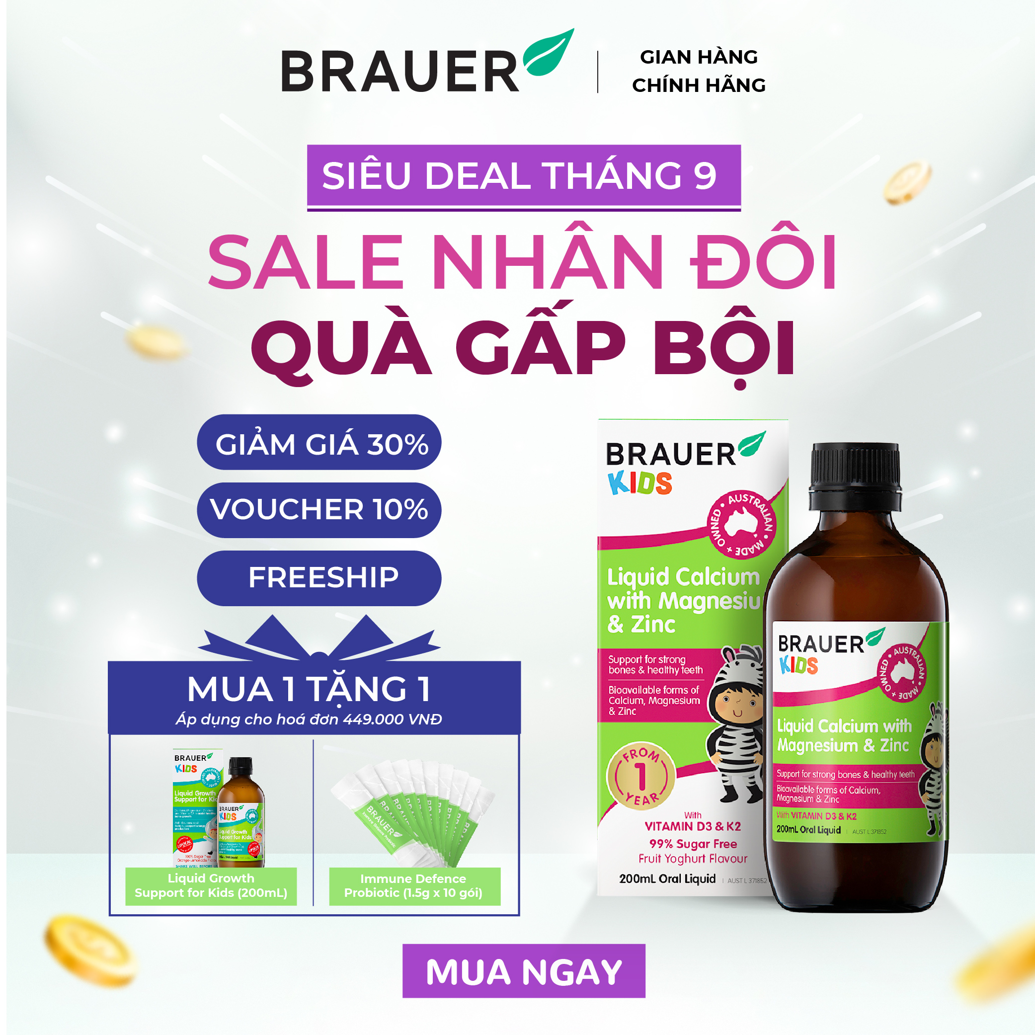 Siro brauer calcium with magnesium & zinc - hỗn hợp vitamin canxi, magie và kẽm cho trẻ từ 1 tuổi