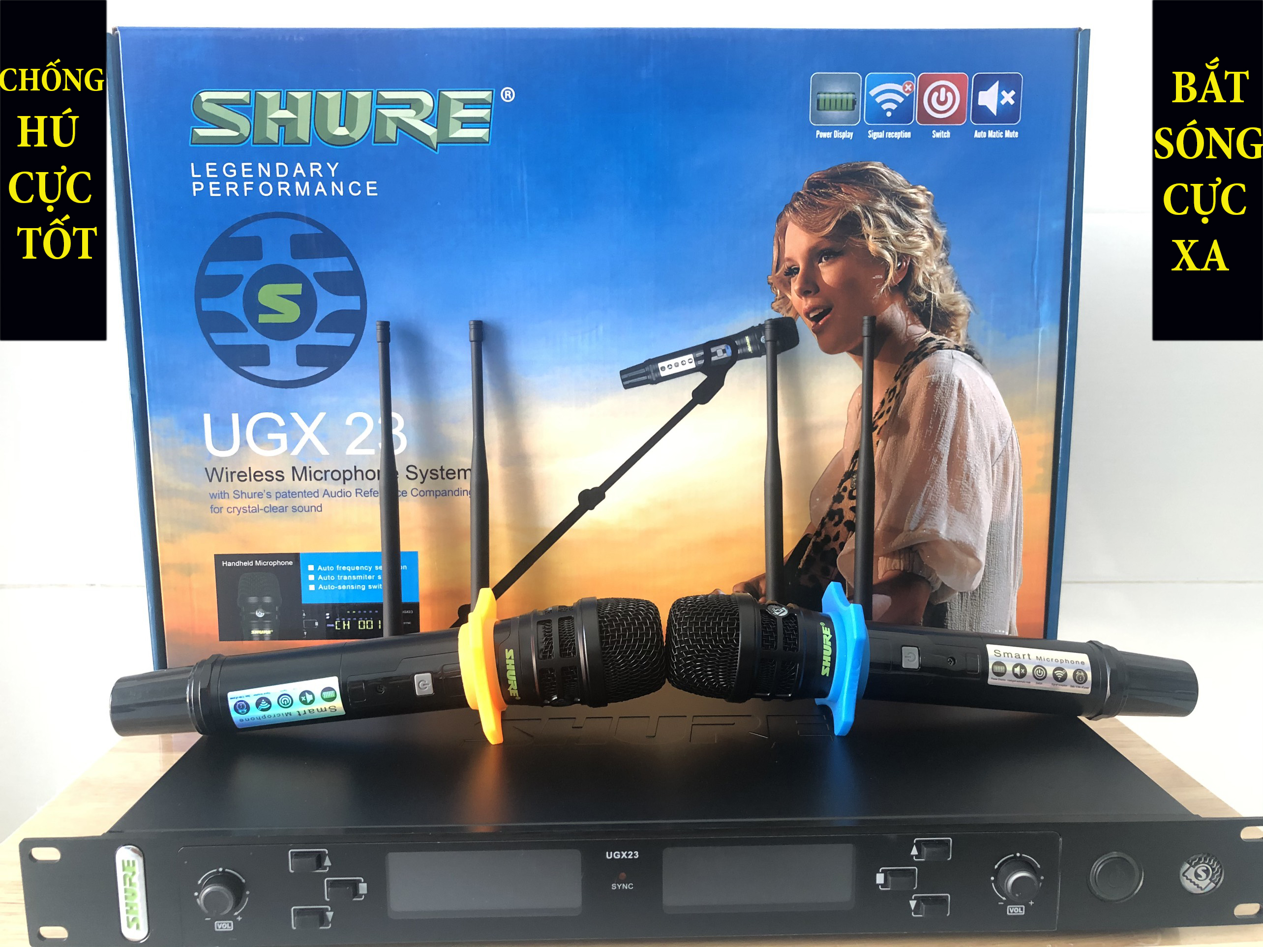 Bộ Micro Karaoke Không Dây Shure UGX 23 - Cao Cấp Main Đỏ, Thiết Kế Đẹp Bắt Mắt Pin Lâu Chống Hú Chống Rít-Chống Méo Tiếng Cực Tốt Hát Nhẹ, Bắt Giọng Tốt, Sóng Khỏe, Bắt Sóng Cực Xa, Có Khả Năng Lọc Âm, Chống Hú Cực Tốt.