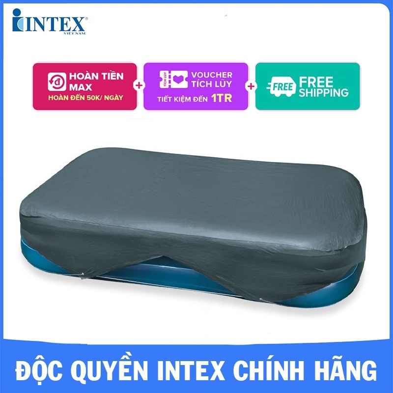 Tấm phủ bể bơi phao intex 58412 phù hợp với các bể hình chữ nhật dài 2m66 hoặc 3m05