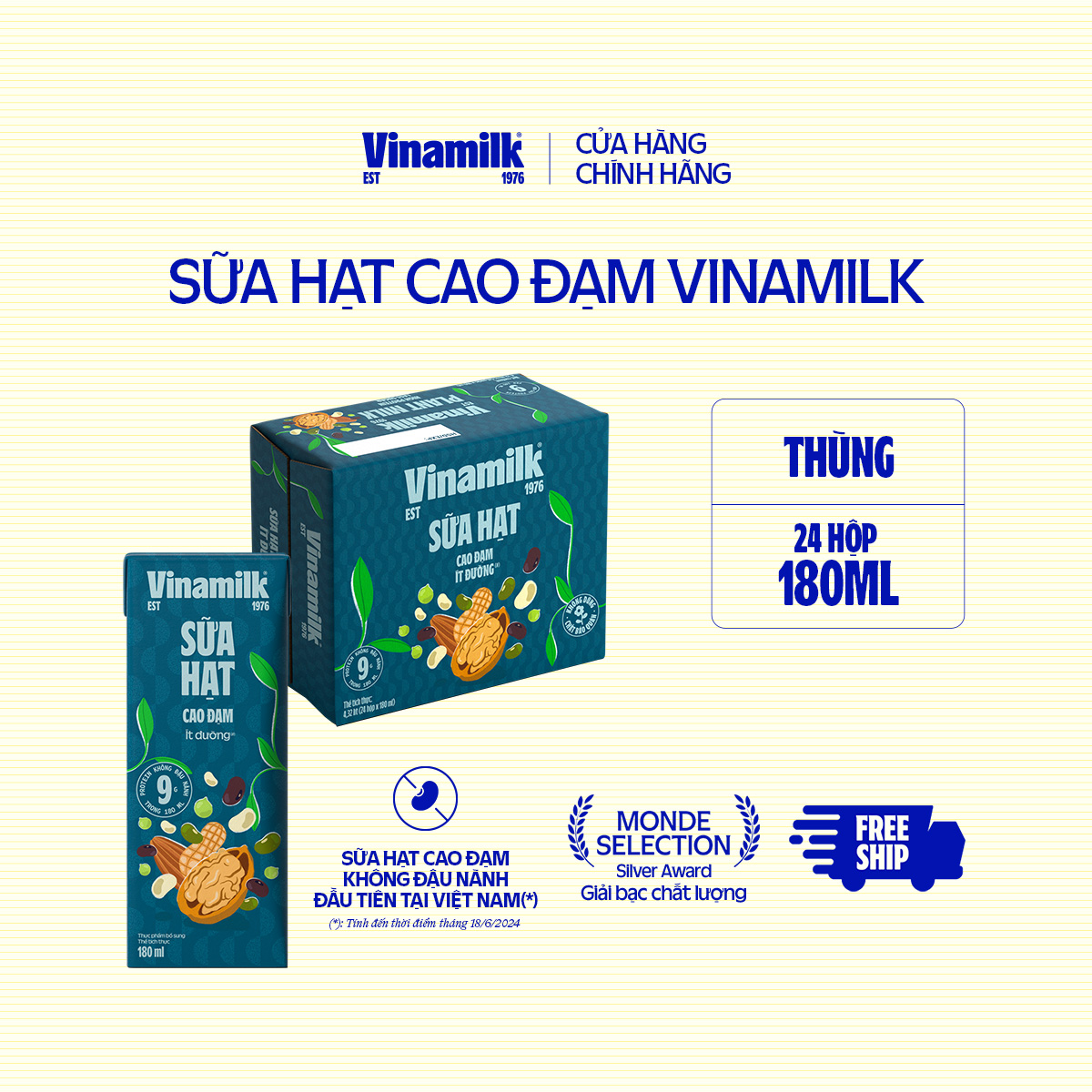 Sữa Hạt Cao Đạm Vinamilk - Thùng 24 hộp 180ml