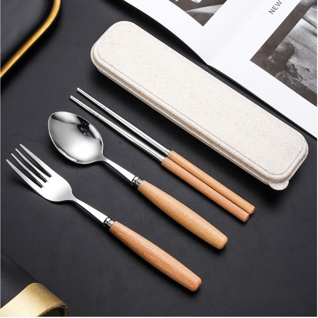 Bộ Thìa Muồng Đũa Inox Cán Gỗ Cá Nhân Ăn Cơm Văn Phòng Tặng Kèm Hộp Đựng Lúa Mạch Cao Cấp