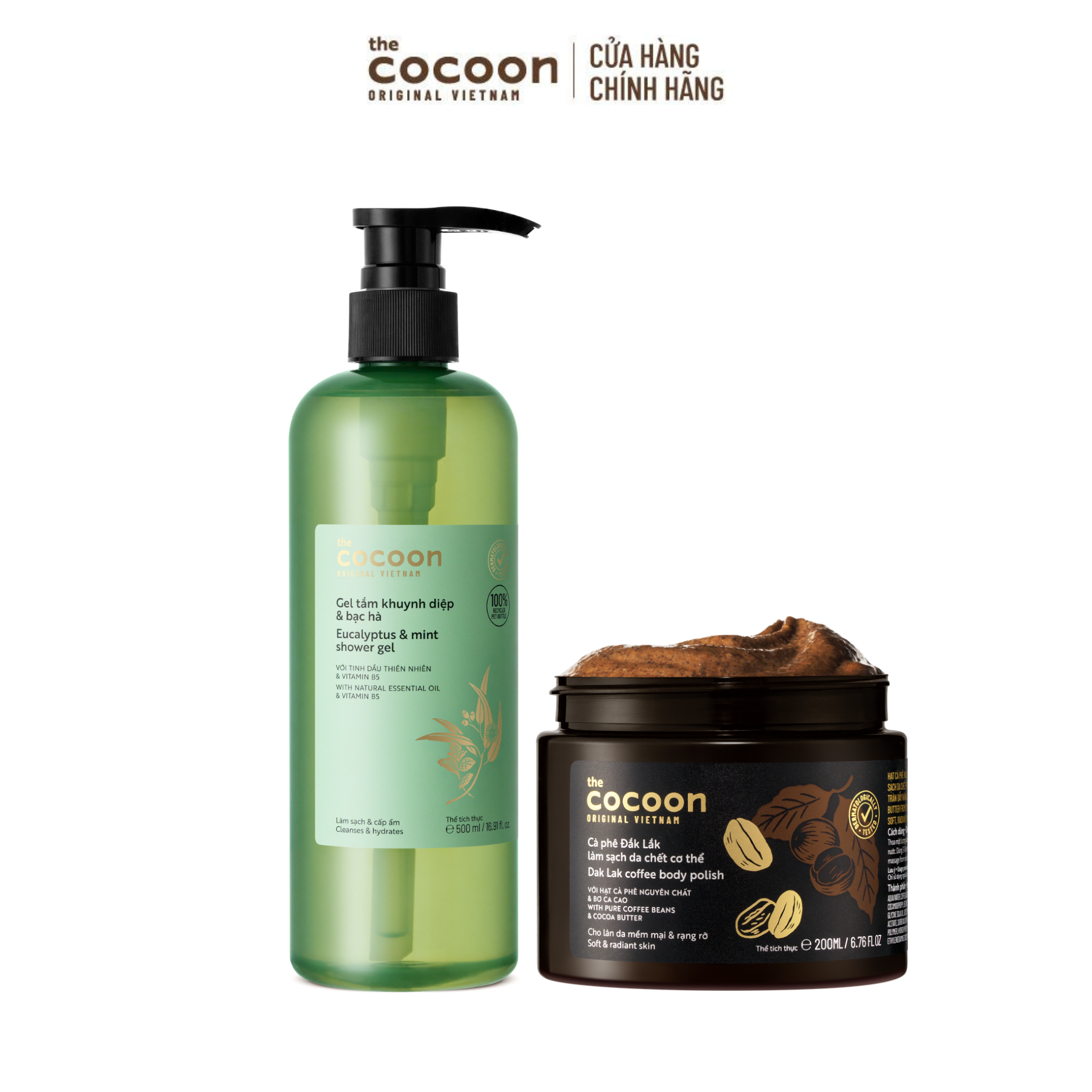 COMBO 1 Gel tắm khuynh diệp  bạc hà Cocoon làm sạch và thư giãn 500ml + 1 Cà Phê Đắk Lắk làm sạch da chết cơ thể 200ml
