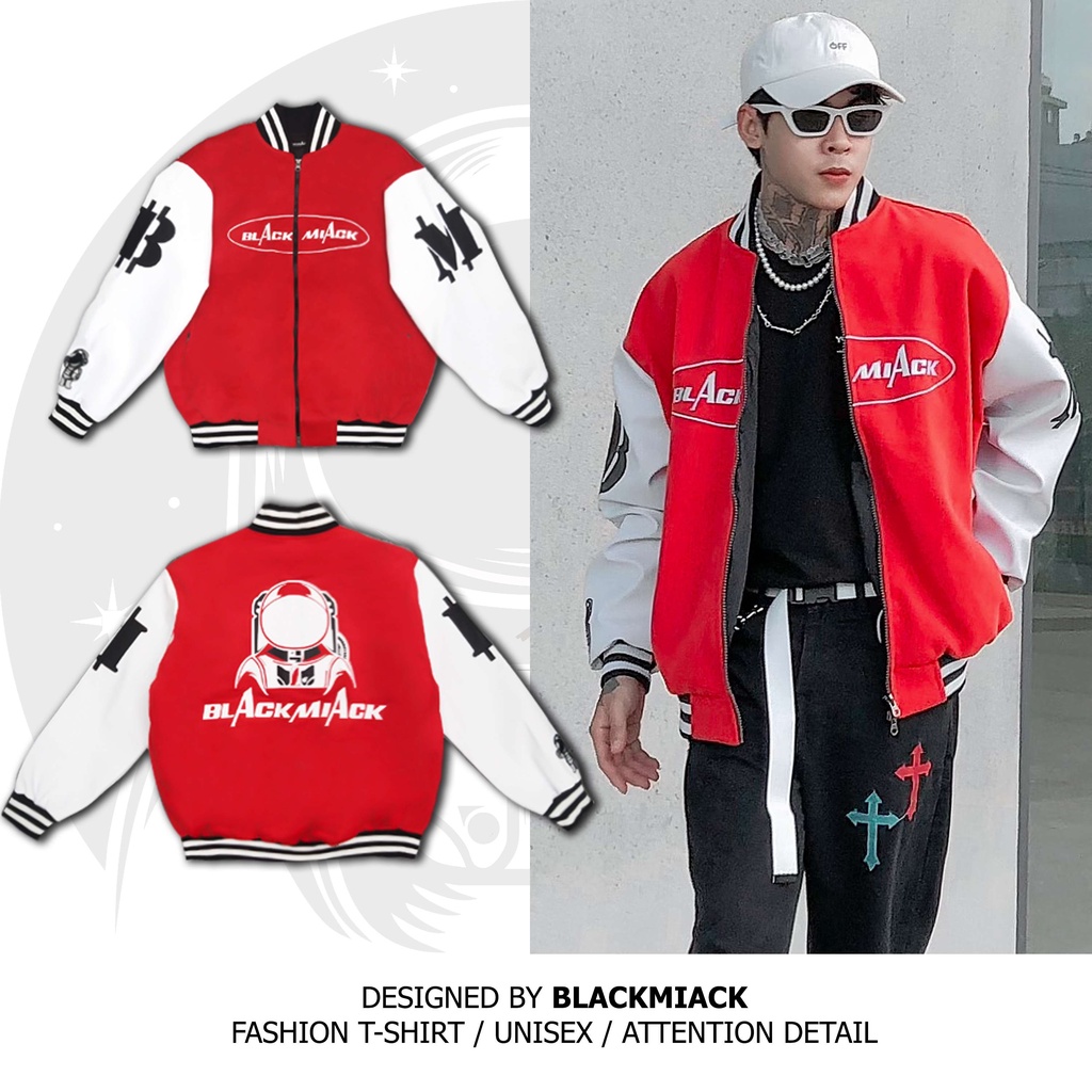 Áo khoác varsity nỉ dạ, tay da, màu đỏ - blackmiack varsity jacket bm1