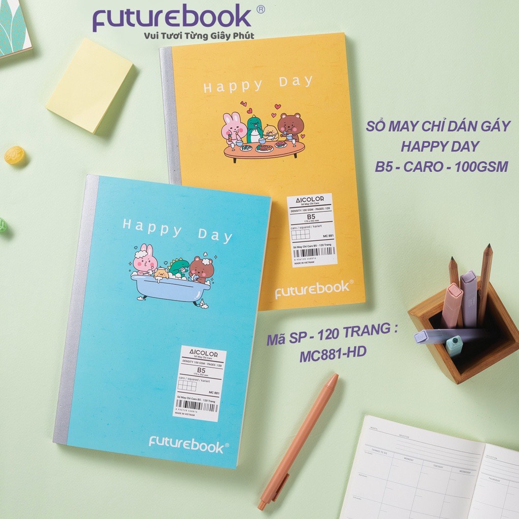 Sổ may chỉ dán gáy happy day khổ b5 dòng kẻ caro, 100 gsm, 80 - 120 trang. phong các hàn quốc. vpp futurebook. giao mẫu ngẫu nhiên.