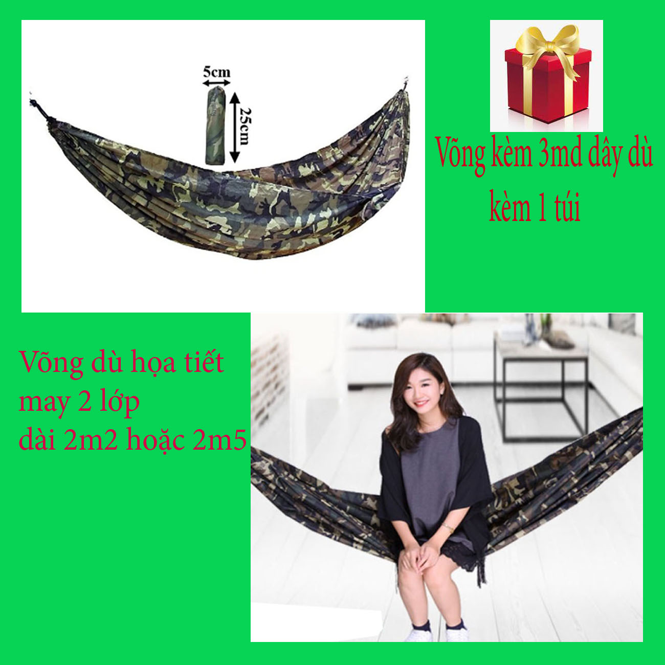 Võng dù du lịch họa tiết rằn ri 2 lớp kèm 3md dây