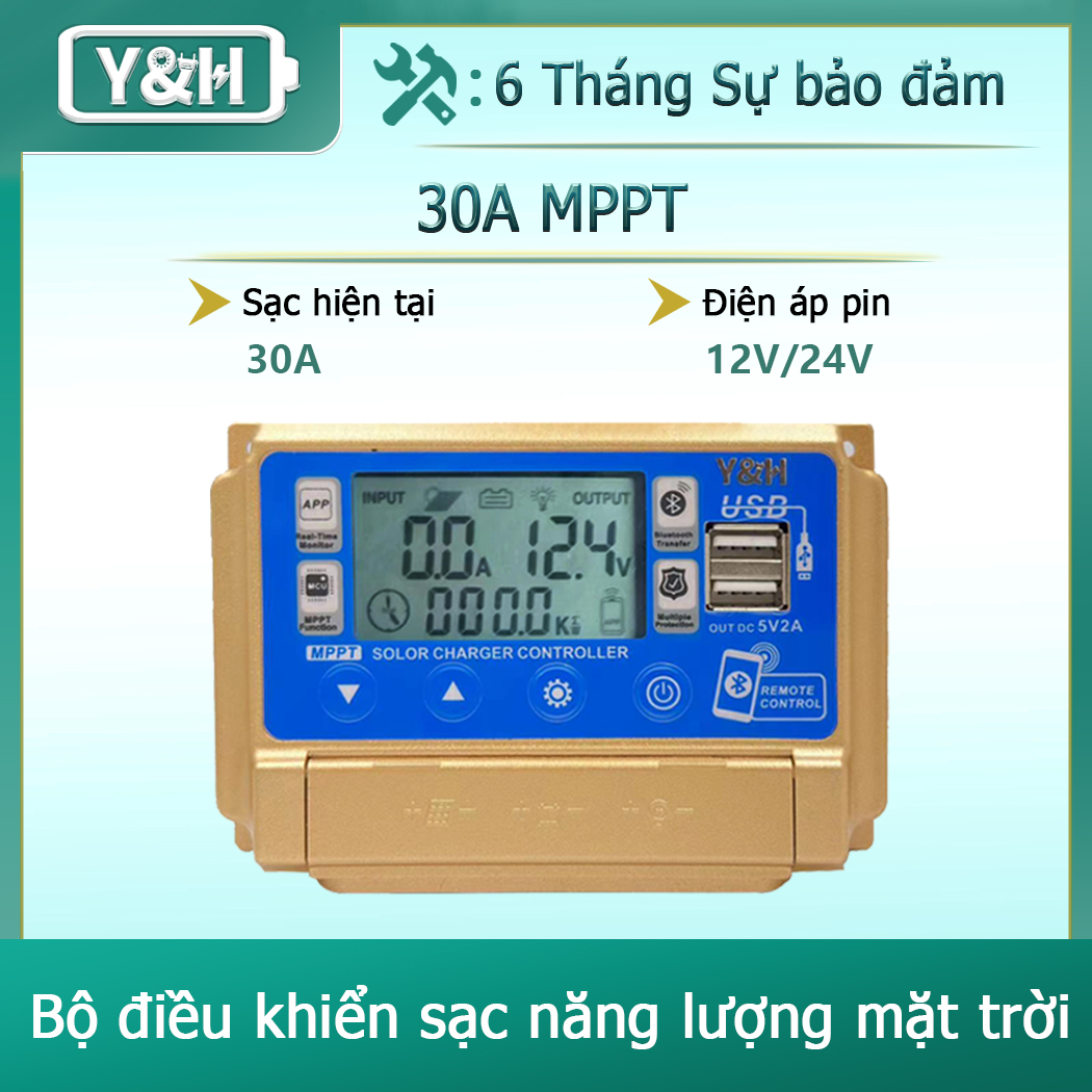 Y&H MPPT 30A Bộ điều khiển sạc năng lượng mặt trời 12V 24V Bảng điều khiển năng lượng mặt trời Bộ điều chỉnh sạc pin với màn hình LCD, USB kép, Giao tiếp ứng dụng, Điện áp sạc có thể điều chỉnh, phù hợp với GEL axit chì, FLD, Lithium