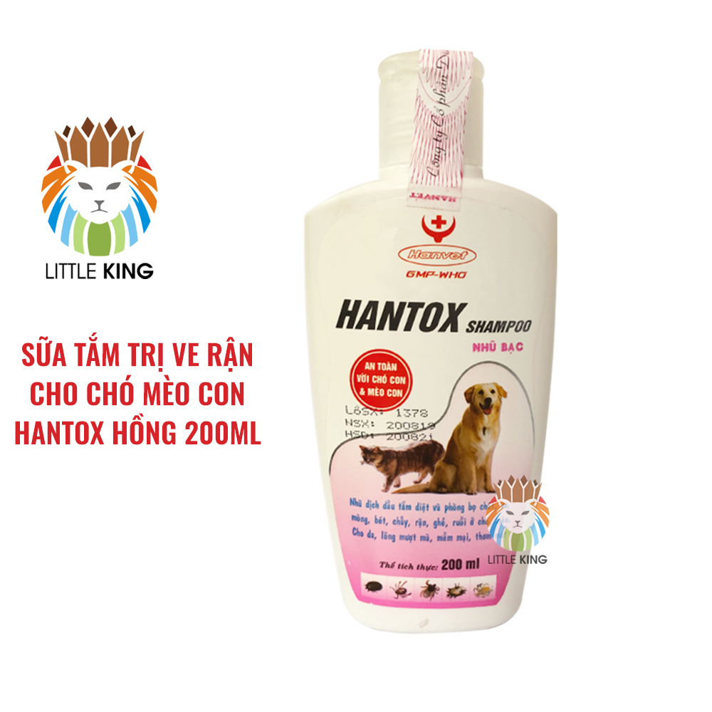 Sữa tắm trị ve, rận, bọ chét, ký sinh trùng, ghẻ ngứa cho chó mèo con Hantox 200ml nhũ bạc màu Hồng Little King pet shop