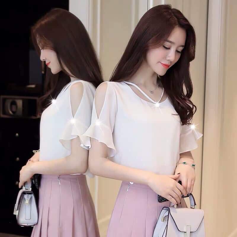 Áo sơ mi nữ kiểu xẻ tay áo, bèo cổ tay, cổ áo dây truyền siêu sang