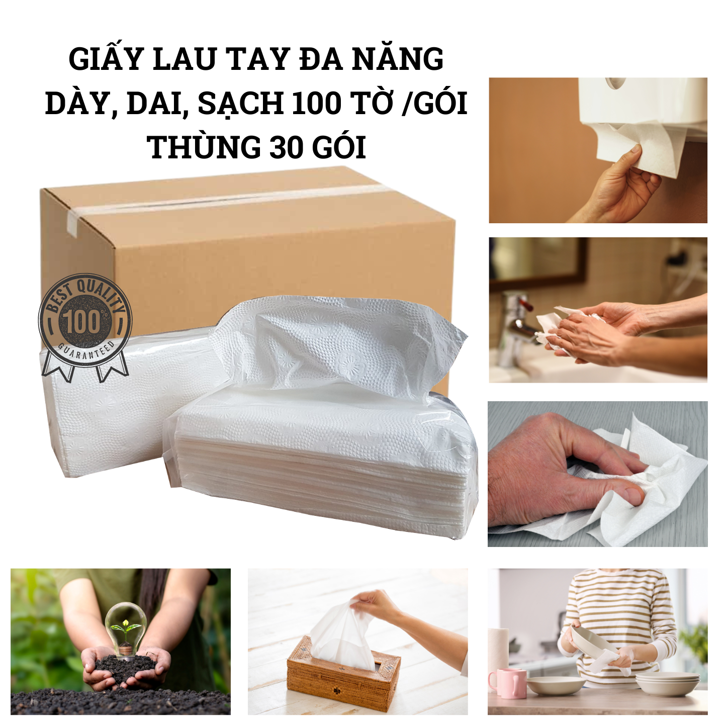 Thùng (30 gói) Khăn giấy lau tay, giấy lau đa năng dày mềm dai thấm hút rất tốt