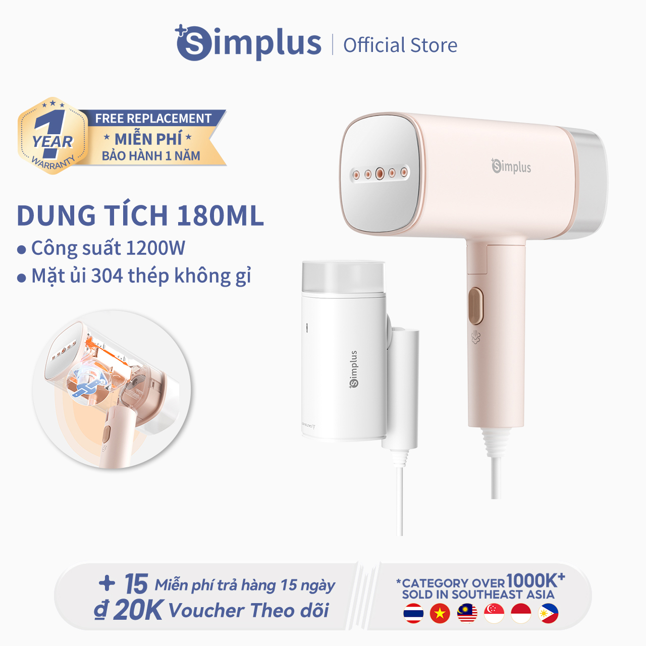 Simplus Bàn ủi hơi nước cầm tay, Công suất 1200W, Dung tích bình chứa nước 180ML, Bàn là hơi nước có thể gấp gọn tiện lợi mang theo du lịch, công tác GTJH011- Bảo hành 1 năm 1 đổi 1