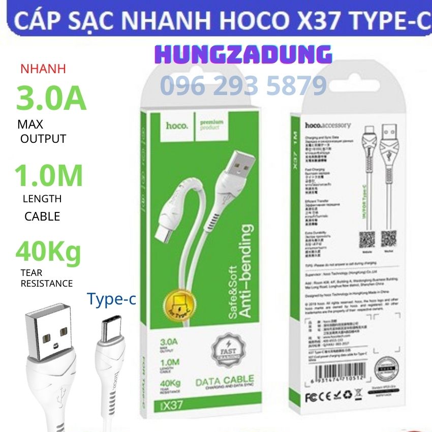 Cáp Sạc Nhanh Type-C Hoco 3.0A - X37 Dây Sạc Nhanh Type-C,Dùng Cho Dùng Cho Các Dòng Điện Thoại Có Dắc Cẳm Type-C HUNGZADUNG