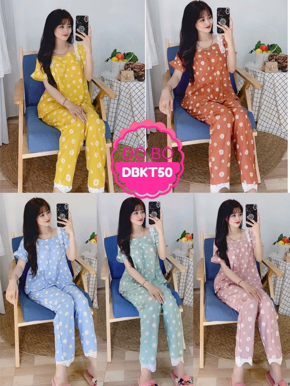 Bộ dồ ngủ hoa cúc tay lỡ quần dài freesize dưới 56kg