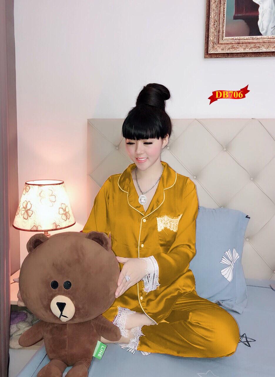 Sét bộ phi bóng bijama quần dài tay ngắn vải phi bóng mềm phối ren thời trang mạc thoái mái mát mẻ dễ chịu