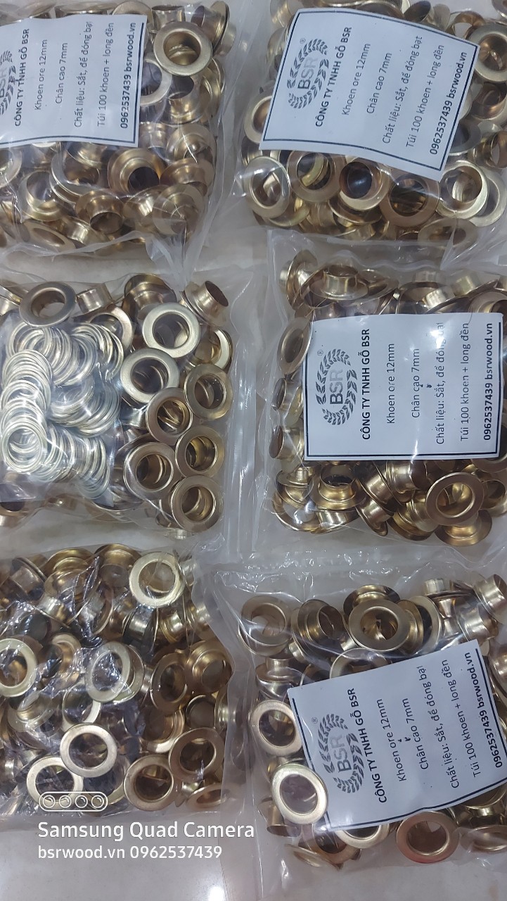 [HCM]Khoen ore 12mm Chân Cao 7mm Khuy mắt cáo đóng bạt bấm bạt bấm túi giấy Bằng sắt xi màu vàng Túi 100 cái + 100 long đền