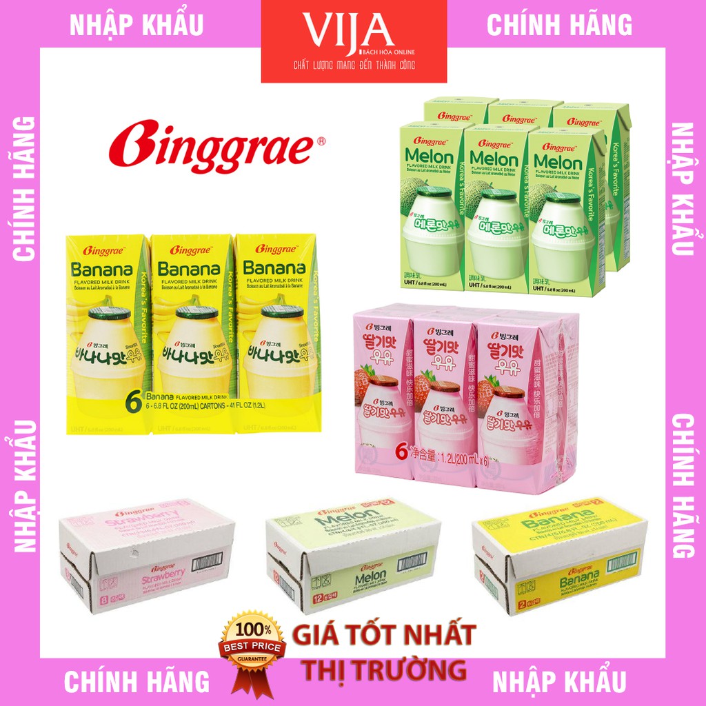 [Lốc 6hộp] Sữa Hàn Quốc Binggrae vị Dâu - Dưa lưới - Chuối DATE MỚI