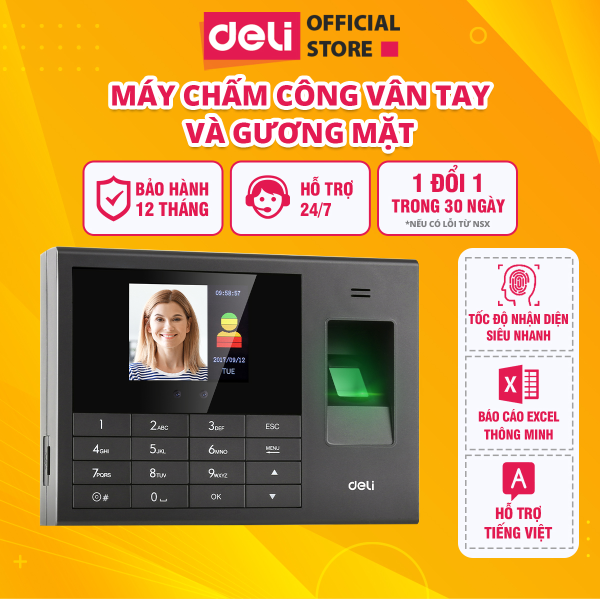 Máy chấm công deli chính hãng cao cấp nhận diện gương mặt và quét vân tay, máy quét công nghệ cao, nhận diện siêu tốc, hỗ trợ tiếng việt, báo cáo bằng file excel thông minh thiết bị văn phòng làm việc